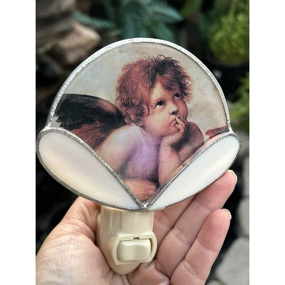 Vintage Cherub Angel Night Light Stained Glass Raphael Victorian Cottagecore
